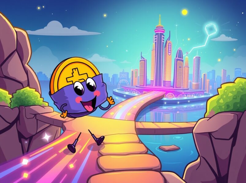 Sui wBTC onboarding illustrated as Bitcoin crossing a bridge to the Sui blockchain ecosystem.