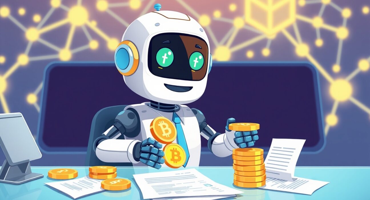 A friendly cartoon robot simplifying Sui tax reporting with digital coins and forms.