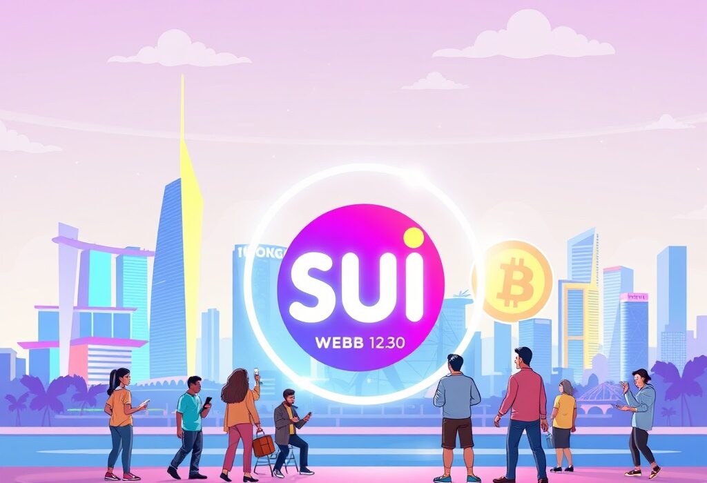 Cartoon illustration of a dynamic SuiFest Singapore event, showcasing the energy of a major Web3 conference.