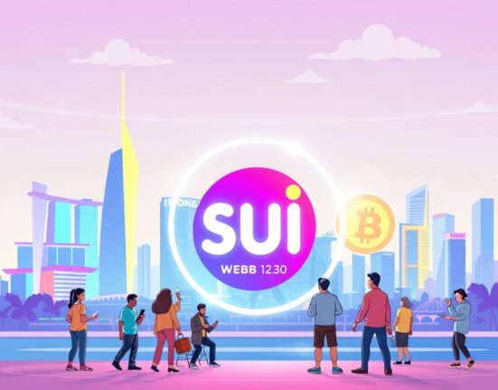 Cartoon illustration of a dynamic SuiFest Singapore event, showcasing the energy of a major Web3 conference.