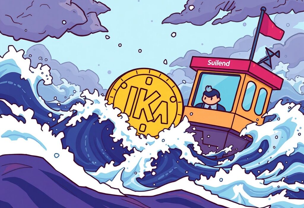 Cartoon showing a crypto platform halting Suilend IKA lending amidst volatile market waves, illustrating the suspension's impact.