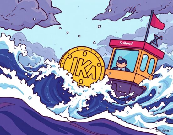 Cartoon showing a crypto platform halting Suilend IKA lending amidst volatile market waves, illustrating the suspension's impact.