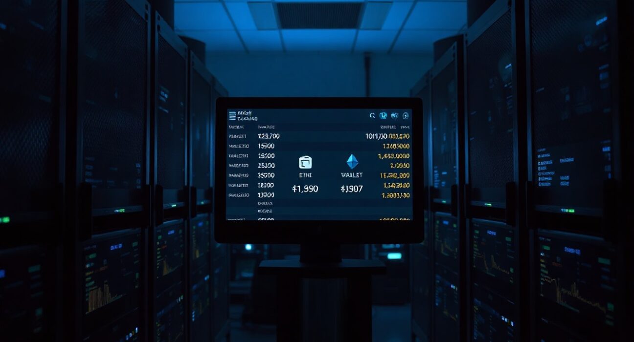 Server room monitors displaying cryptocurrency transaction logs related to a DeFi hack investigation.