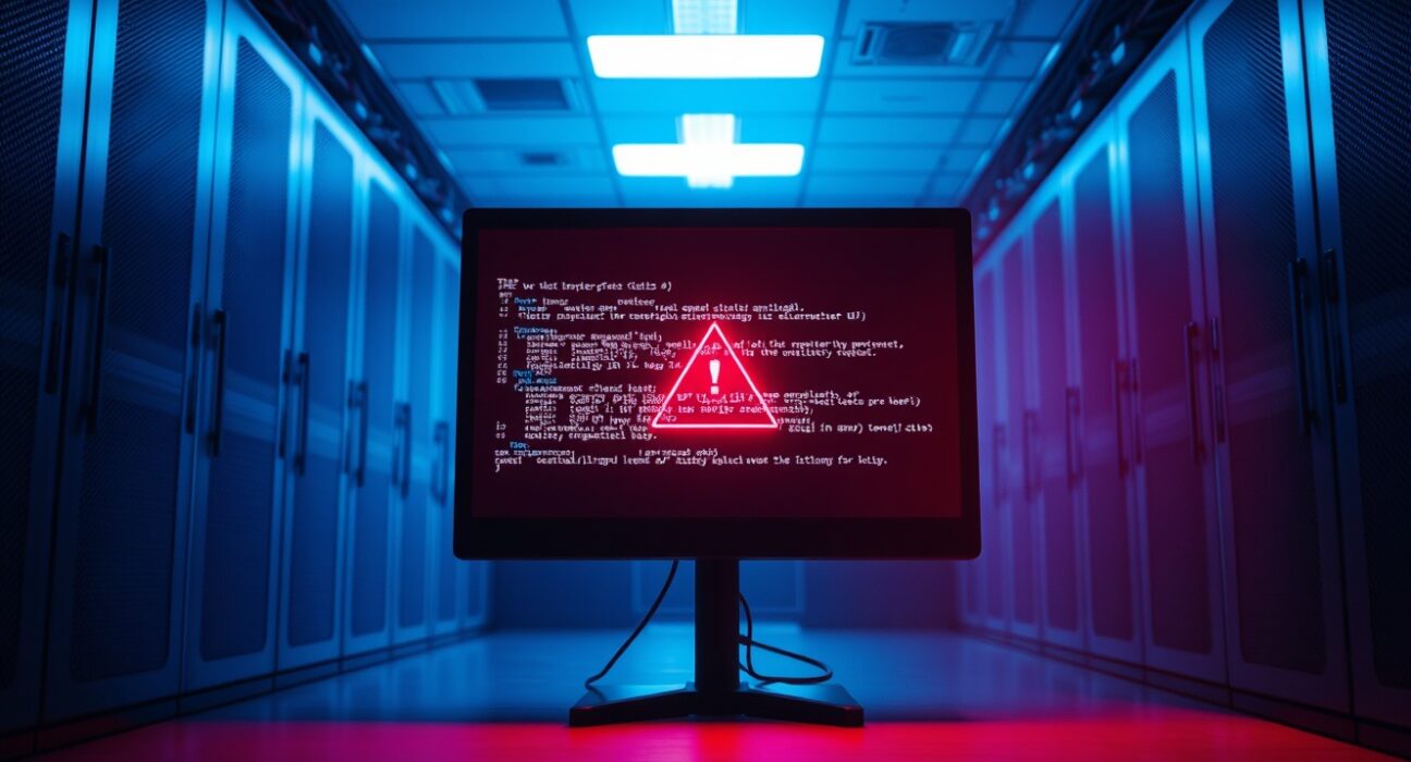 Dimly lit server room with a monitor displaying a cybersecurity breach warning, representing the Summer.fi hack.