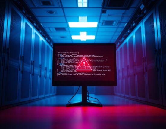 Dimly lit server room with a monitor displaying a cybersecurity breach warning, representing the Summer.fi hack.