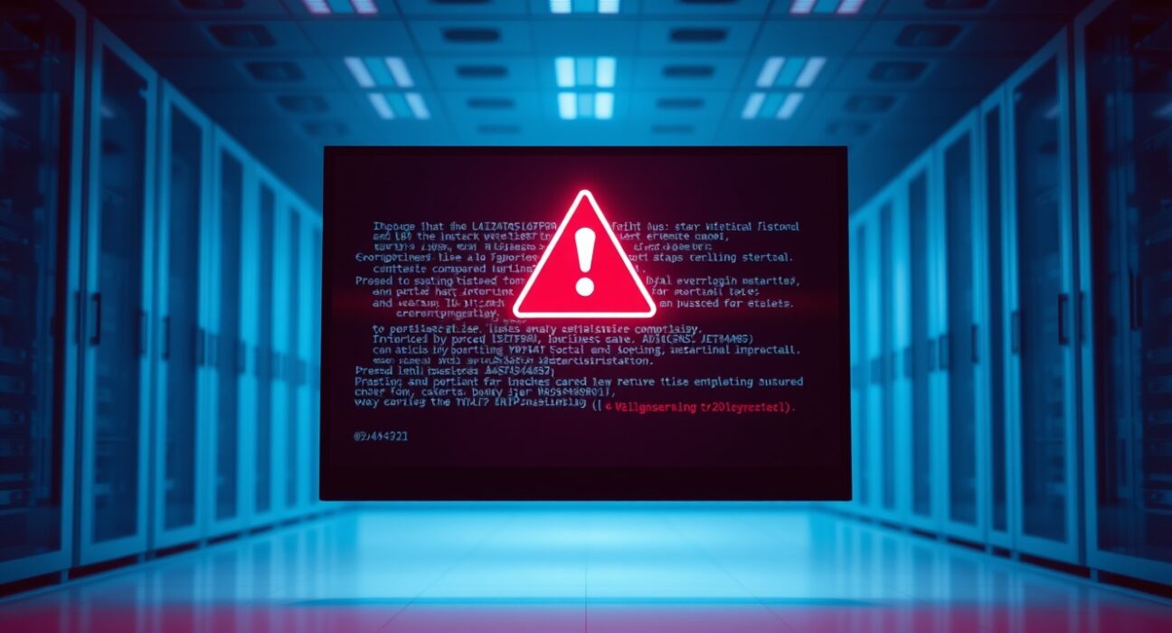 Server room with a digital screen displaying a security breach alert and code, representing the Summer.fi DeFi hack.