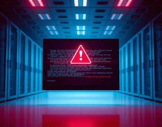 Server room with a digital screen displaying a security breach alert and code, representing the Summer.fi DeFi hack.