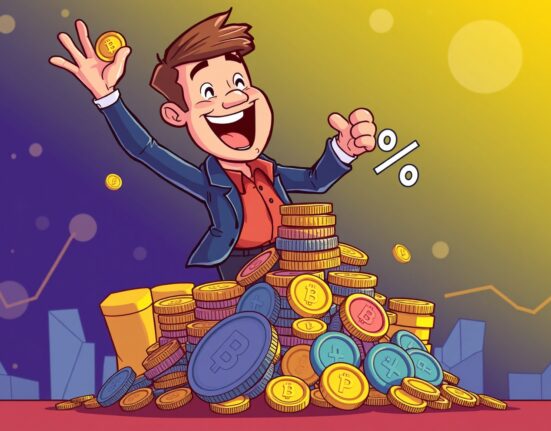 Cartoon illustration showing Justin Sun's commitment to SUN buybacks, driving value back into the token's ecosystem.