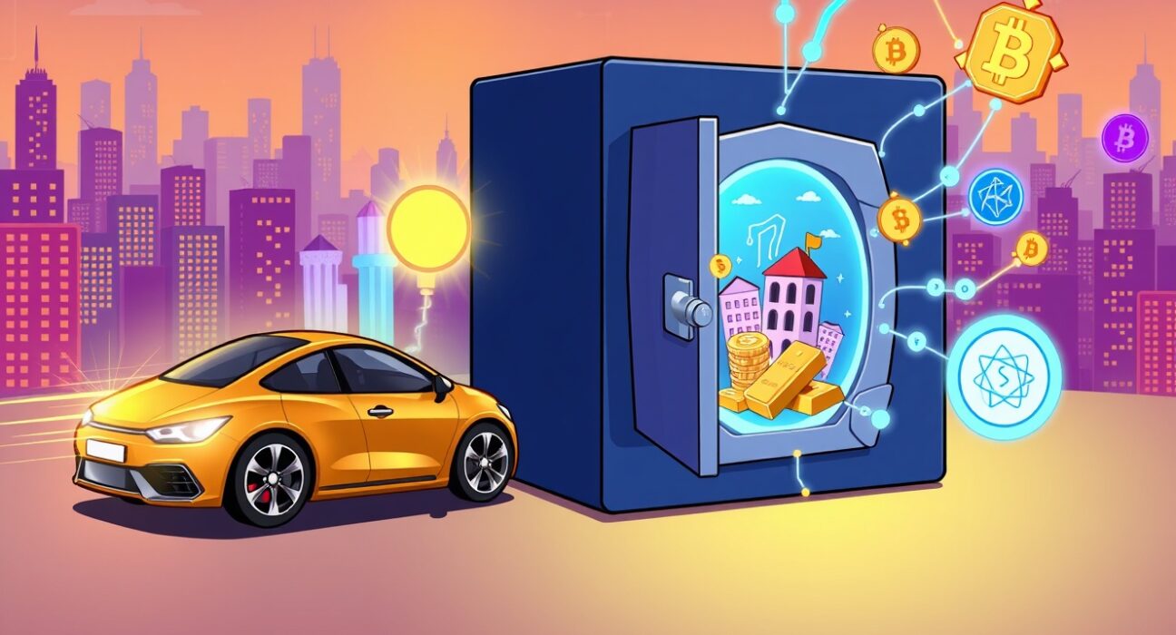 A vibrant cartoon shows SunCar's investment linking traditional assets to the digital world of RWA tokens.