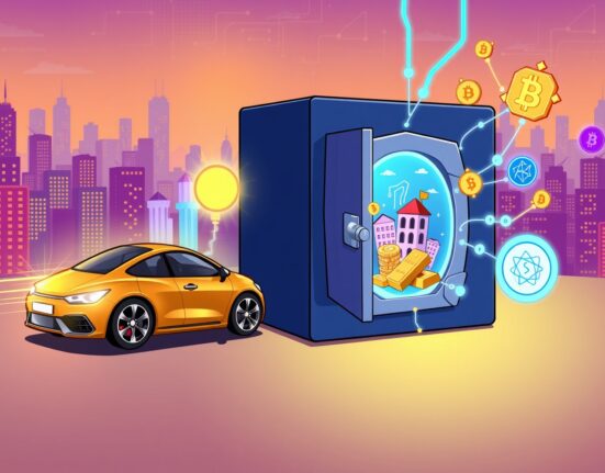 A vibrant cartoon shows SunCar's investment linking traditional assets to the digital world of RWA tokens.