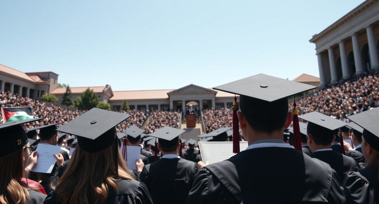Students walk out during Sundar Pichai's commencement speech at Stanford University