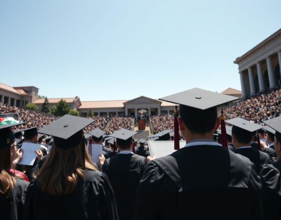 Students walk out during Sundar Pichai's commencement speech at Stanford University