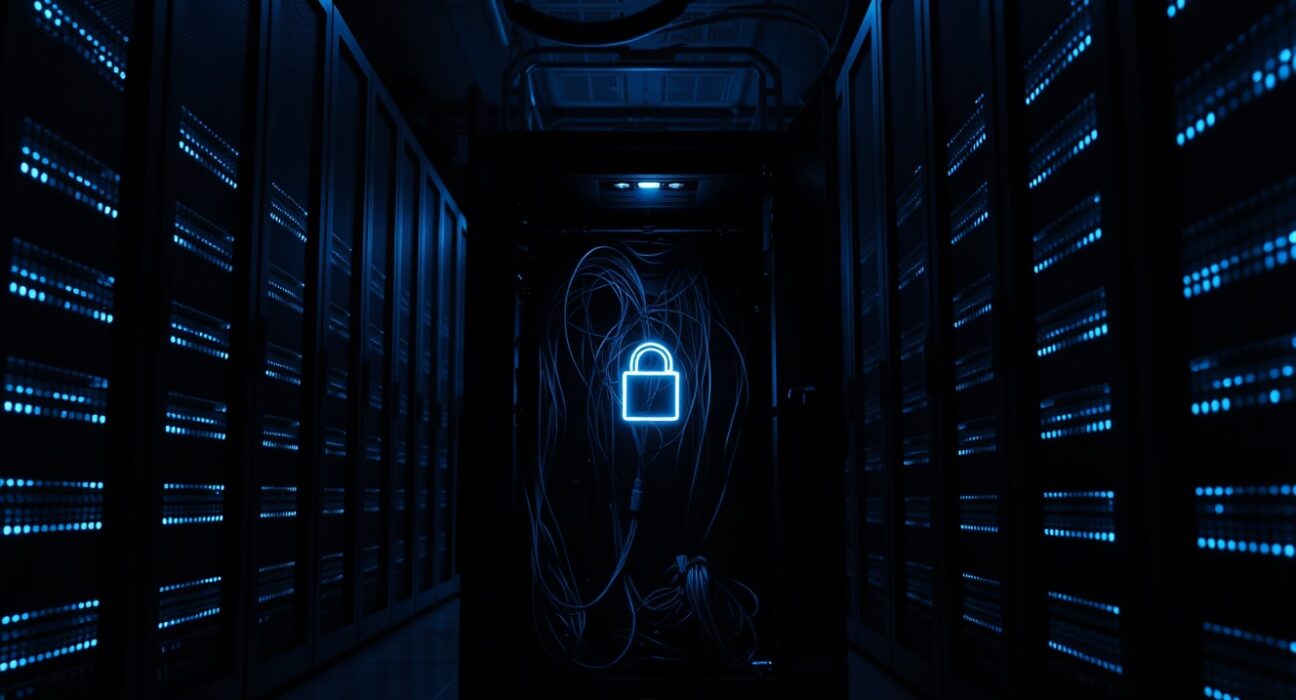 Server room with glowing data cables, representing the Suno hack and alleged data scraping
