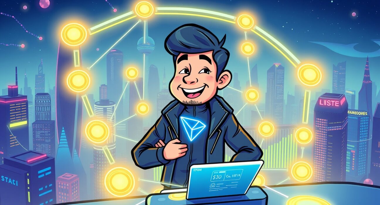 A cartoon illustration of the SunPerp decentralized perpetuals exchange, showing a futuristic trading interface and the Tron network's innovation.
