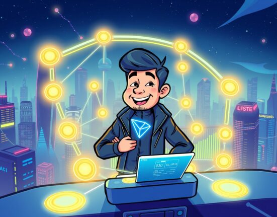 A cartoon illustration of the SunPerp decentralized perpetuals exchange, showing a futuristic trading interface and the Tron network's innovation.