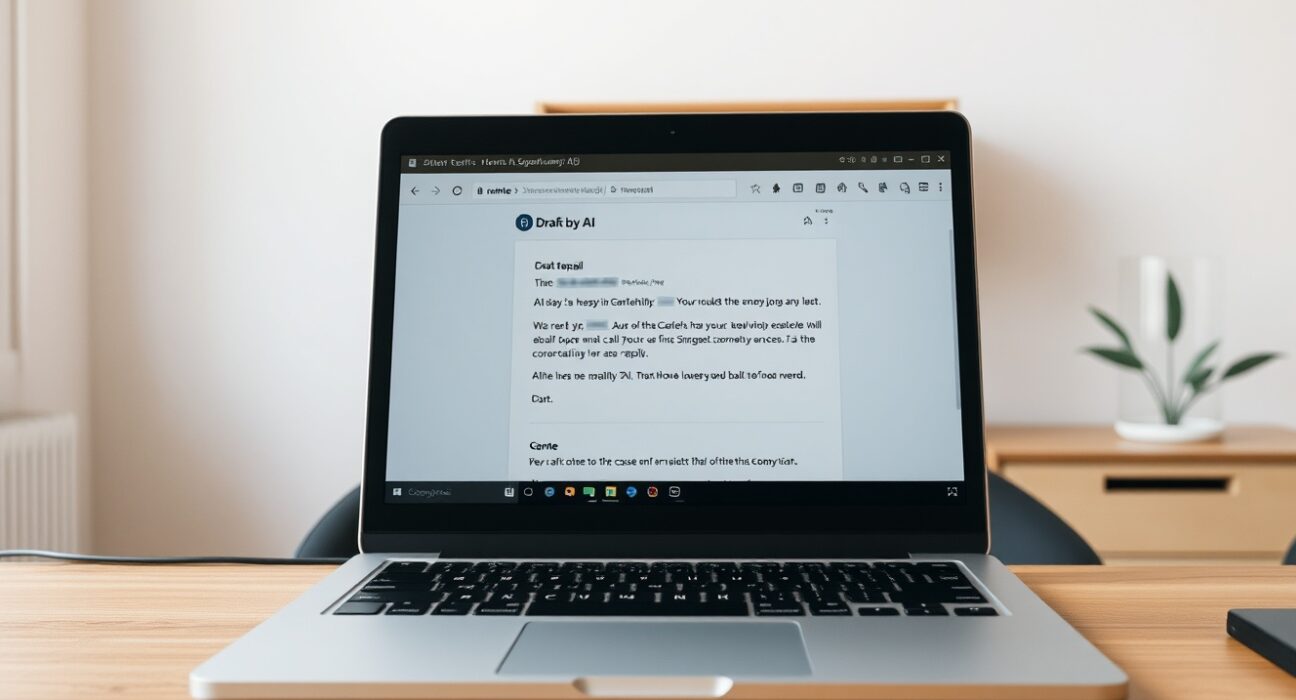 Laptop showing Superhuman email client with AI-generated draft reply on screen