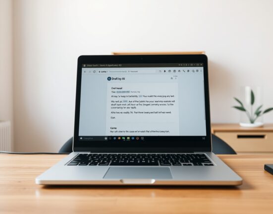 Laptop showing Superhuman email client with AI-generated draft reply on screen