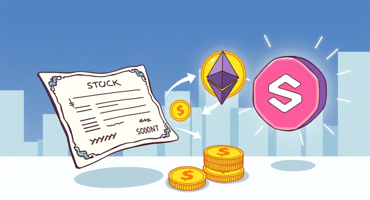 A vibrant cartoon illustrating the revolutionary process of stock tokenization, connecting traditional finance to blockchain networks.