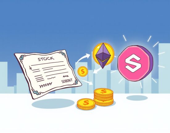 A vibrant cartoon illustrating the revolutionary process of stock tokenization, connecting traditional finance to blockchain networks.