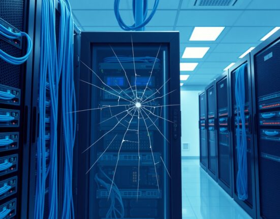 Illustration of a supply chain attack compromising a server, representing the LiteLLM security breach threatening cryptocurrency wallets.