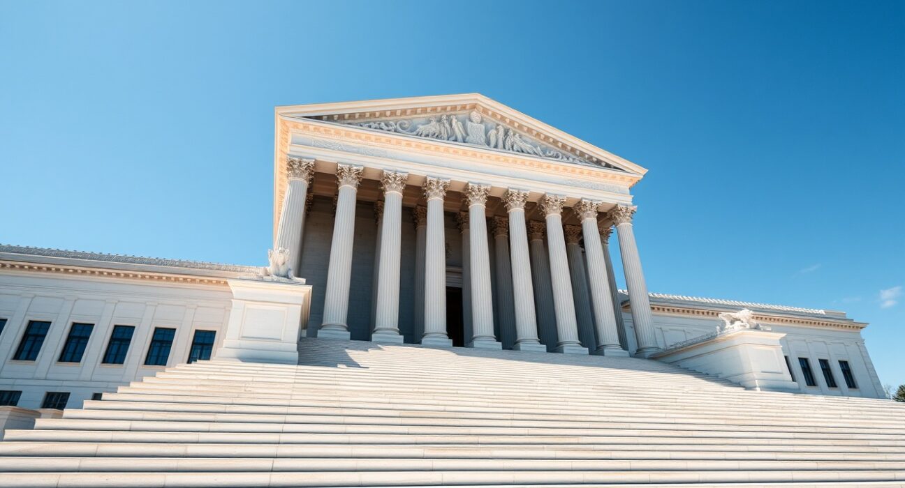 US Supreme Court building exterior on a sunny day, symbolizing the ruling on presidential removal power.