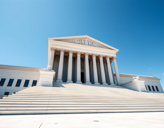 US Supreme Court building exterior on a sunny day, symbolizing the ruling on presidential removal power.