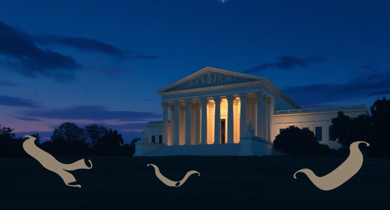 US Supreme Court building at dusk ahead of historic Trump tariff policy ruling.