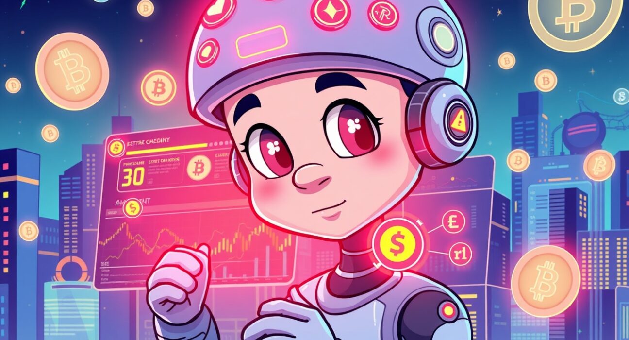 AI model for crypto research analyzing blockchain data streams and cryptocurrency patterns in a vibrant digital workspace