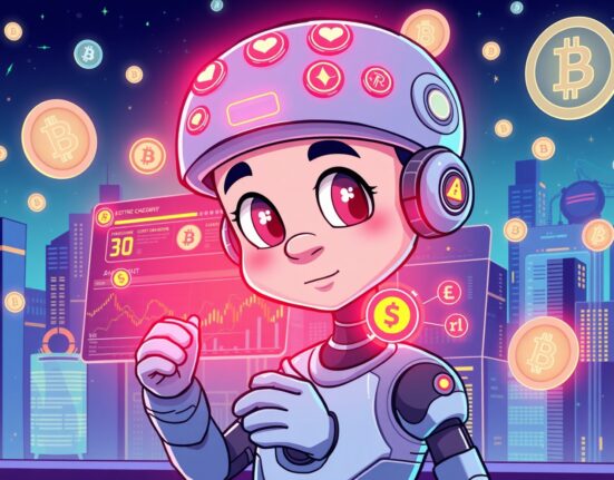 AI model for crypto research analyzing blockchain data streams and cryptocurrency patterns in a vibrant digital workspace