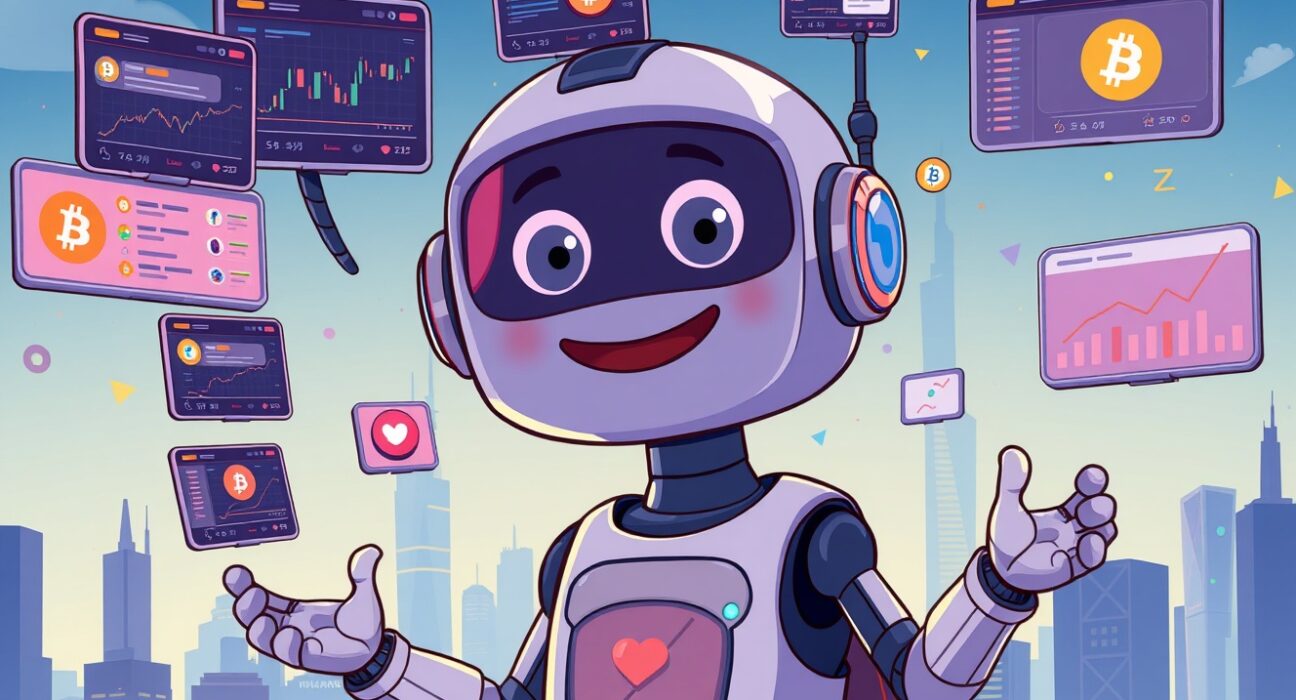 A cartoon AI chatbot simplifies complex crypto analysis, offering accessible investment insights to a user.