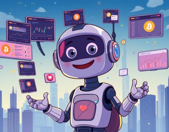 A cartoon AI chatbot simplifies complex crypto analysis, offering accessible investment insights to a user.