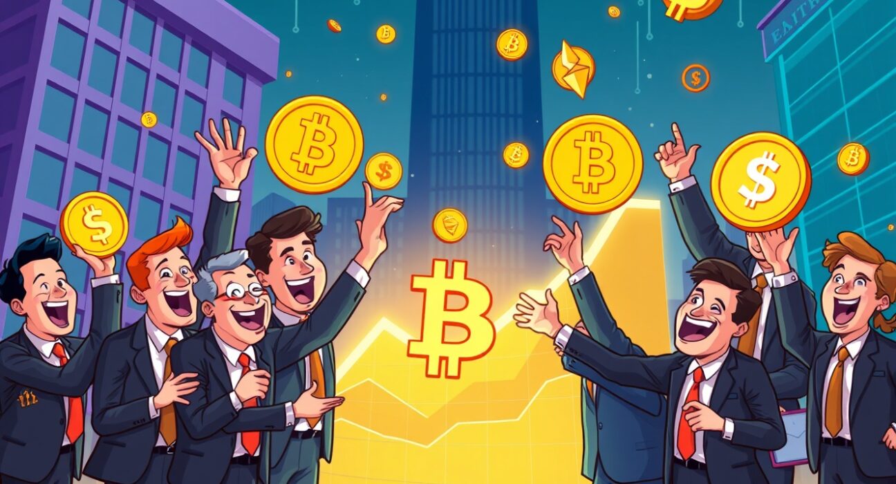 A group of diverse professionals eagerly engaging with digital assets, symbolizing the rapid growth of institutional crypto adoption in the financial world.