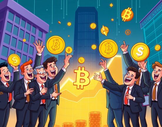 A group of diverse professionals eagerly engaging with digital assets, symbolizing the rapid growth of institutional crypto adoption in the financial world.