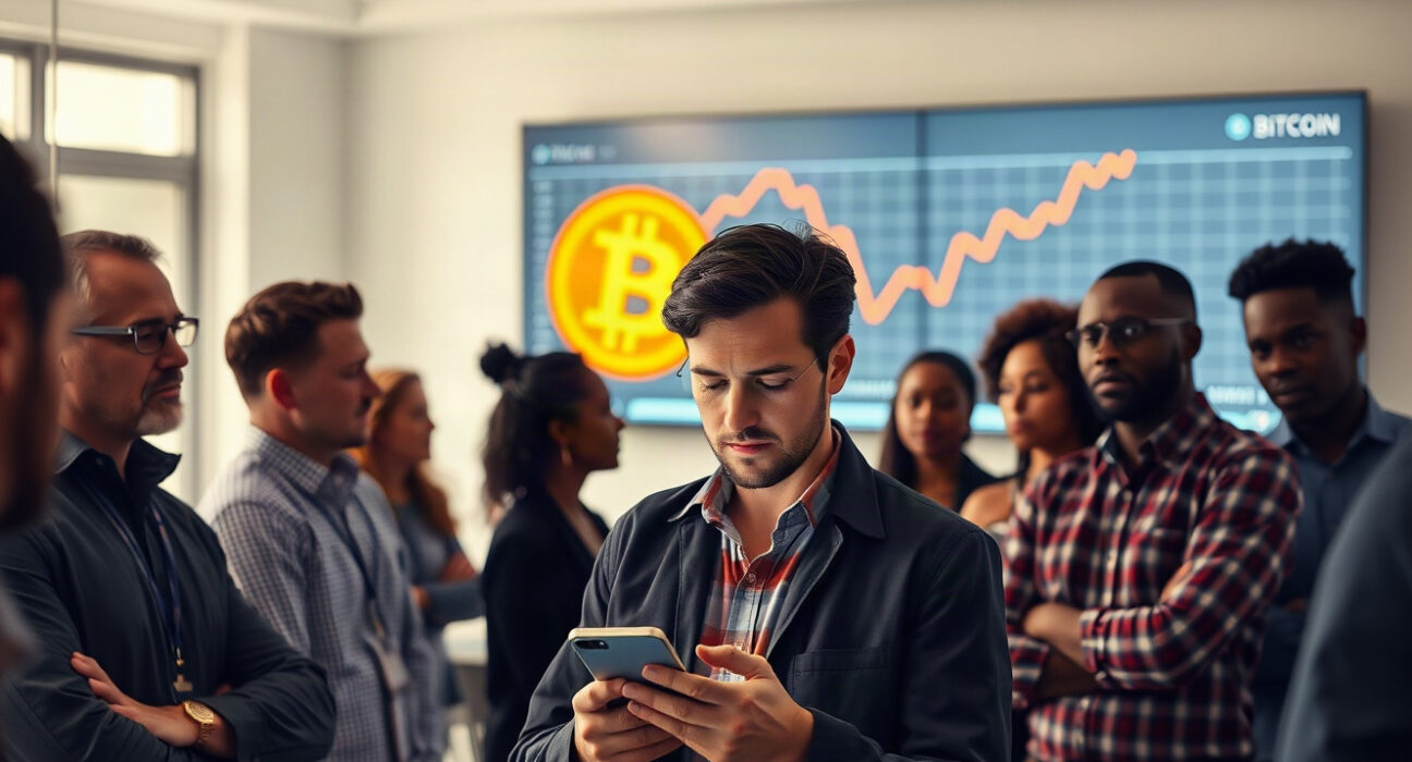 Workers viewing a screen with a Bitcoin symbol and a declining graph in a modern office
