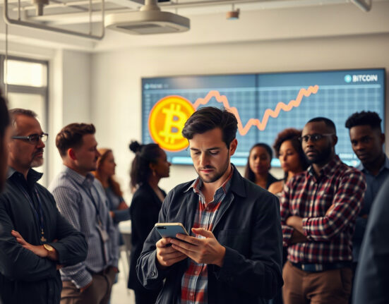 Workers viewing a screen with a Bitcoin symbol and a declining graph in a modern office