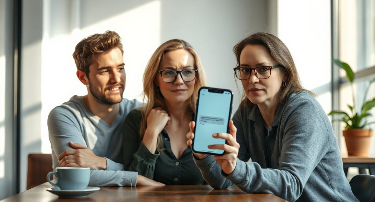 Three adults looking skeptically at a smartphone showing an AI chat interface in a coffee shop.