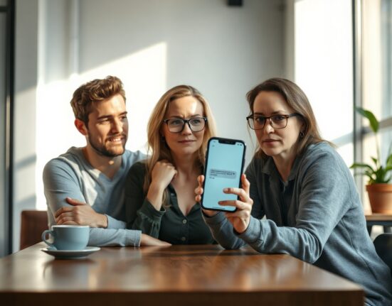 Three adults looking skeptically at a smartphone showing an AI chat interface in a coffee shop.