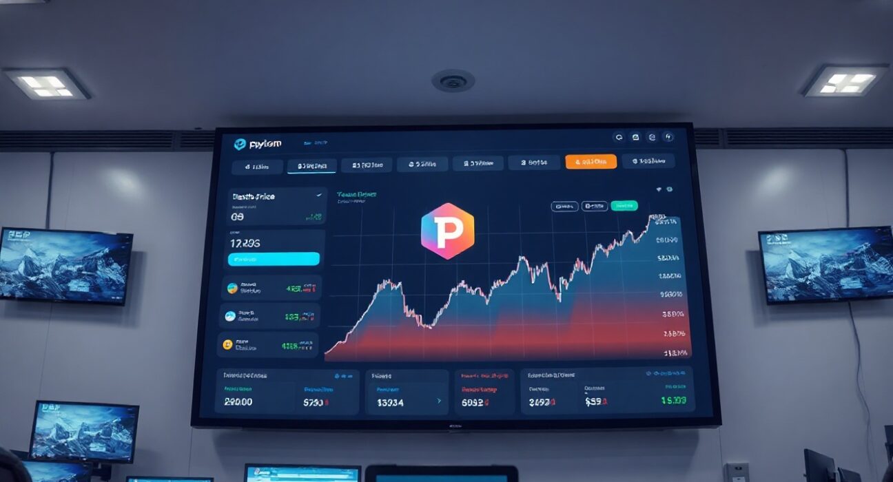 Digital finance dashboard with rising token chart on a screen in a modern newsroom setting