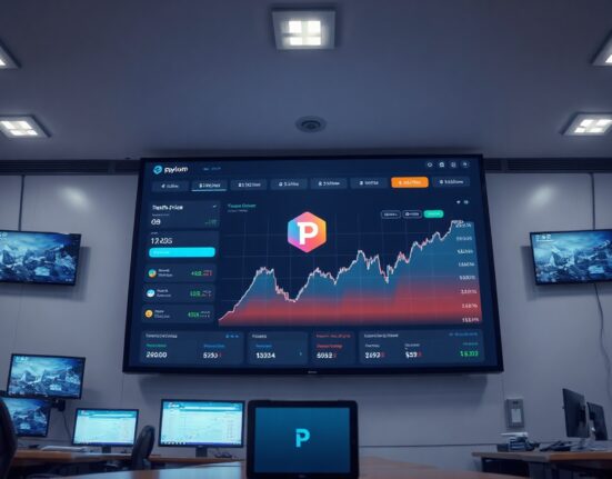 Digital finance dashboard with rising token chart on a screen in a modern newsroom setting