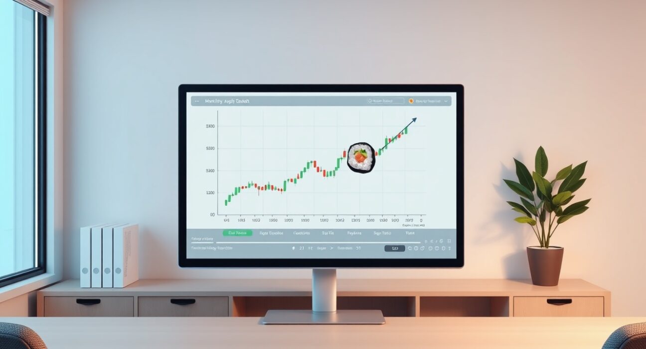 Analytical chart interface for SushiSwap SUSHI token long-term price prediction and DeFi market