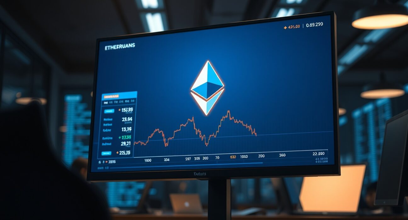 Cryptocurrency exchange interface showing Ethereum withdrawal, with a glowing ETH logo and declining balance graph.