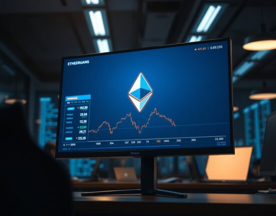 Cryptocurrency exchange interface showing Ethereum withdrawal, with a glowing ETH logo and declining balance graph.