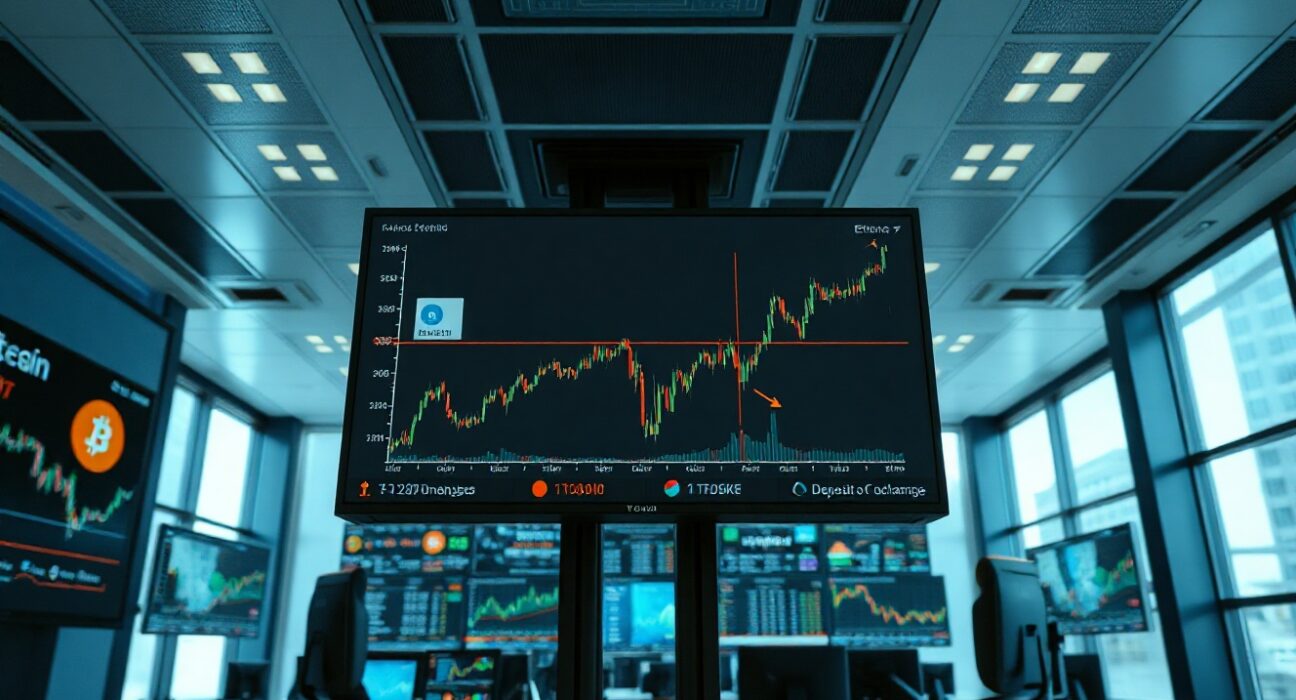 Bitcoin and Ethereum price charts on trading monitors with on-chain transfer data