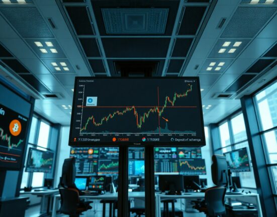 Bitcoin and Ethereum price charts on trading monitors with on-chain transfer data