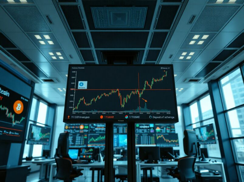 Bitcoin and Ethereum price charts on trading monitors with on-chain transfer data