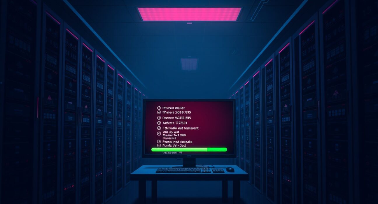 Suspected hack drains ETH wallets dormant for years, showing a compromised server room with Ethereum wallet interfaces.