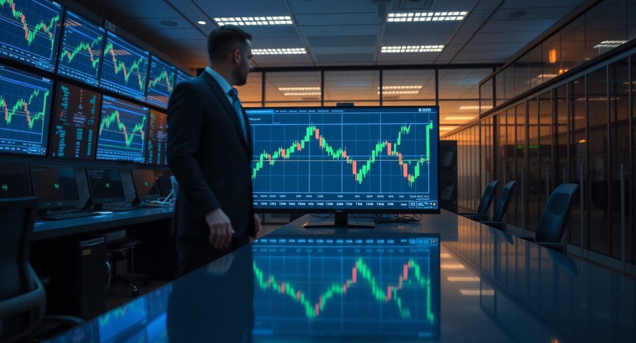 Crypto trading desk with monitors showing a downward-trending HYPE token chart