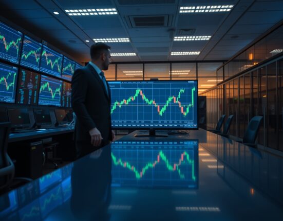 Crypto trading desk with monitors showing a downward-trending HYPE token chart