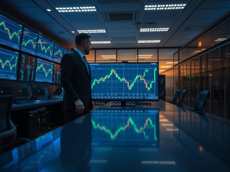 Crypto trading desk with monitors showing a downward-trending HYPE token chart