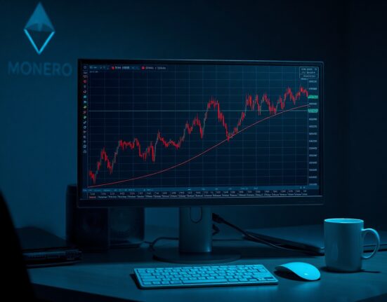 On-chain analysis dashboard showing blockchain transaction graph with Monero logo in background